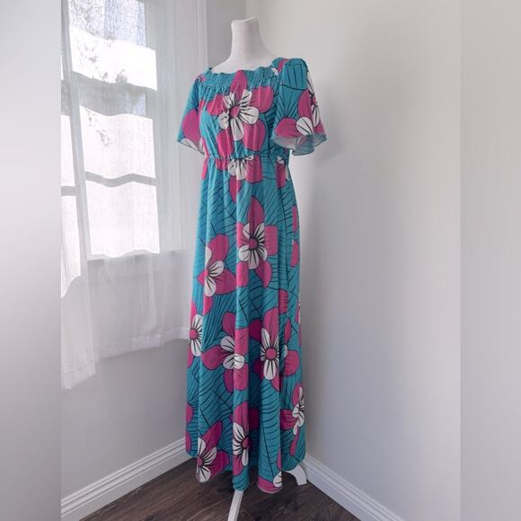 Vonda Aqua & Pink Tropical Floral Print Elastic Waist Short Sleeve Maxi Dress - Picture 1 of 9